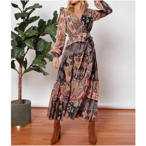 Boho Floral Print Lantern Sheer Sleeve Dress - Picture 2 of 5